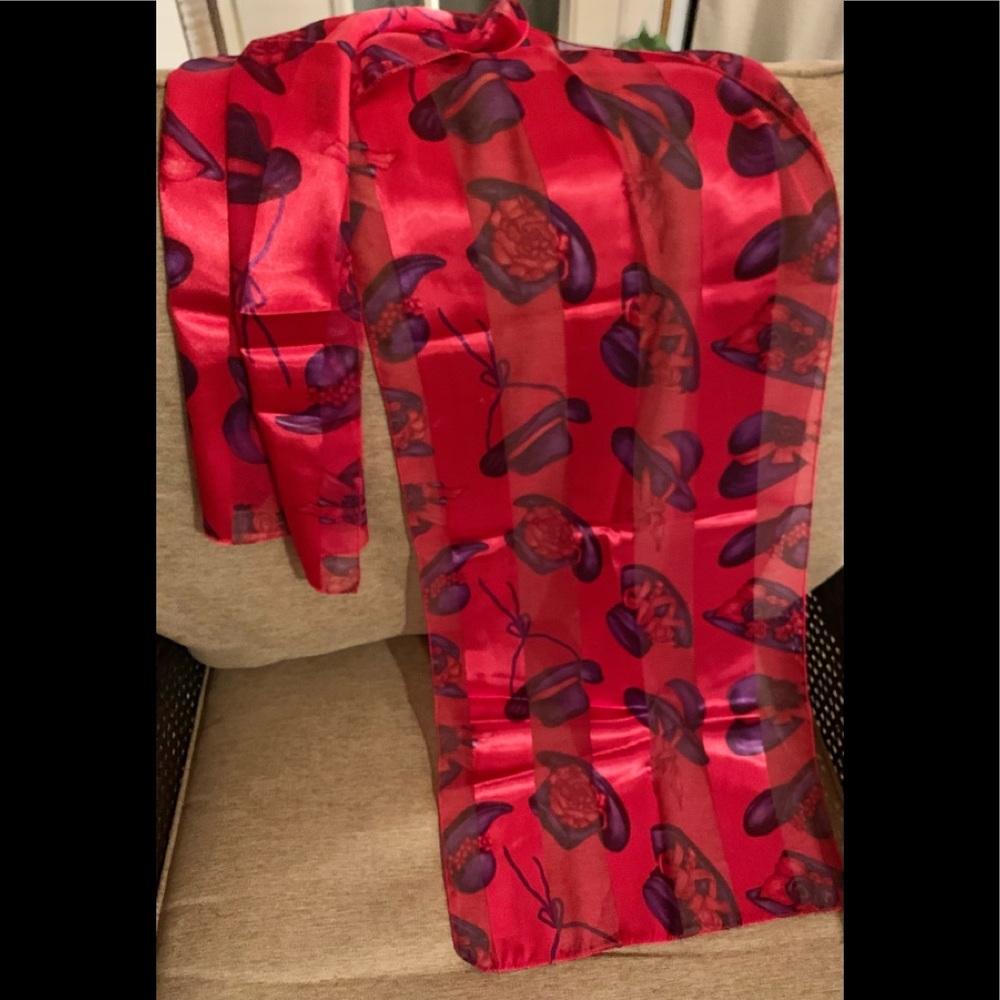 Red Hat Scarf. New. Beautiful deep red with stripe and purple hats all over.